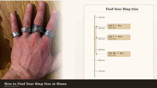 Hand wearing handcrafted vintage spoon rings with a ring size guide showing measurements from 44mm to 73mm